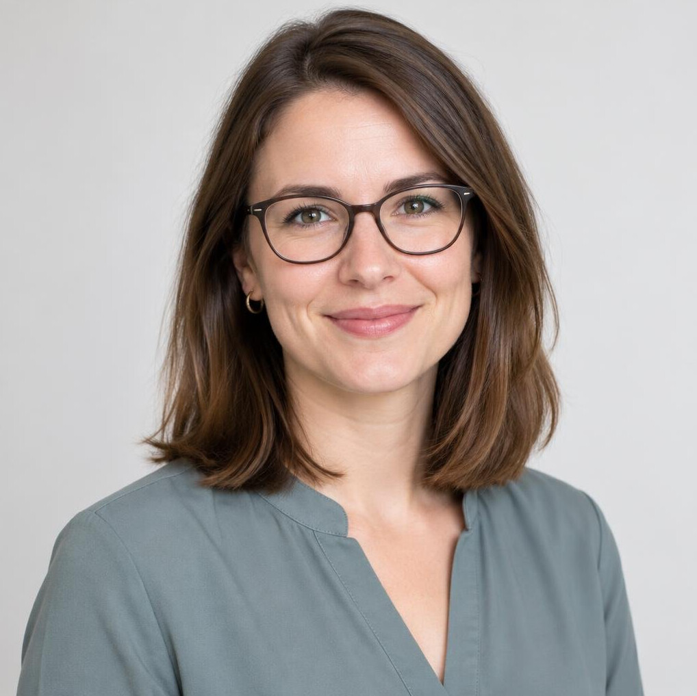 Studio portrait of a German woman in her thirties wearing glasses